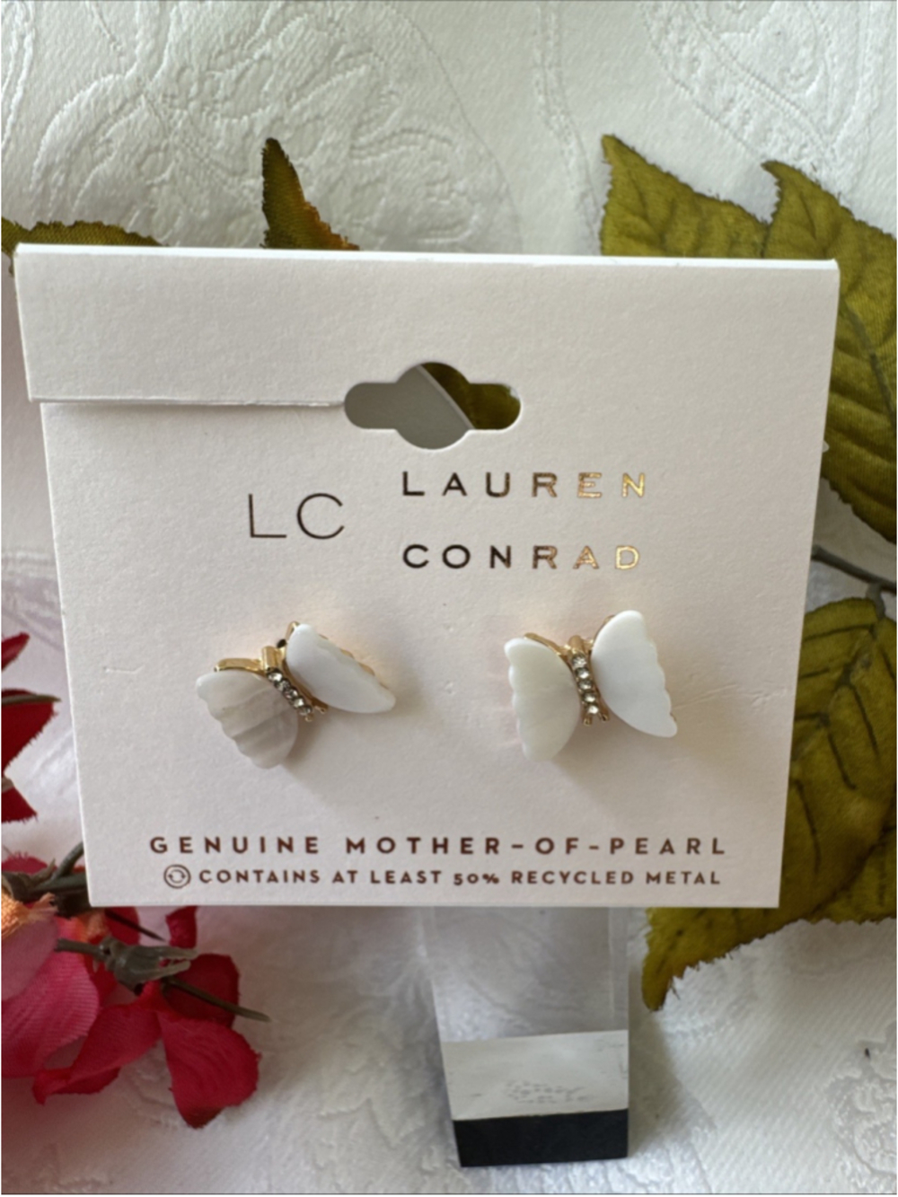 LC Lauren Conrad GoldTone Cream Mother Of Pearl Tiny Butterfly Stud Earrings NEW